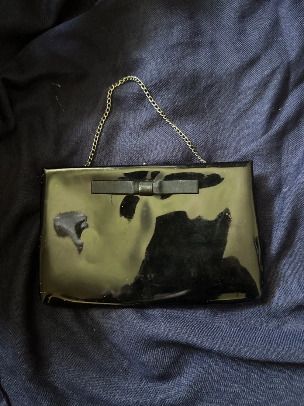 Classic Black Patent Bow-Accent Shoulder Bag
